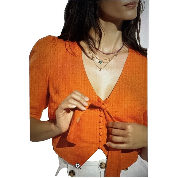 Maeve Anthropologie Crop Top US 6 Linen Viscose Boho Orange Button Up Bow Tie - Picture 1 of 8